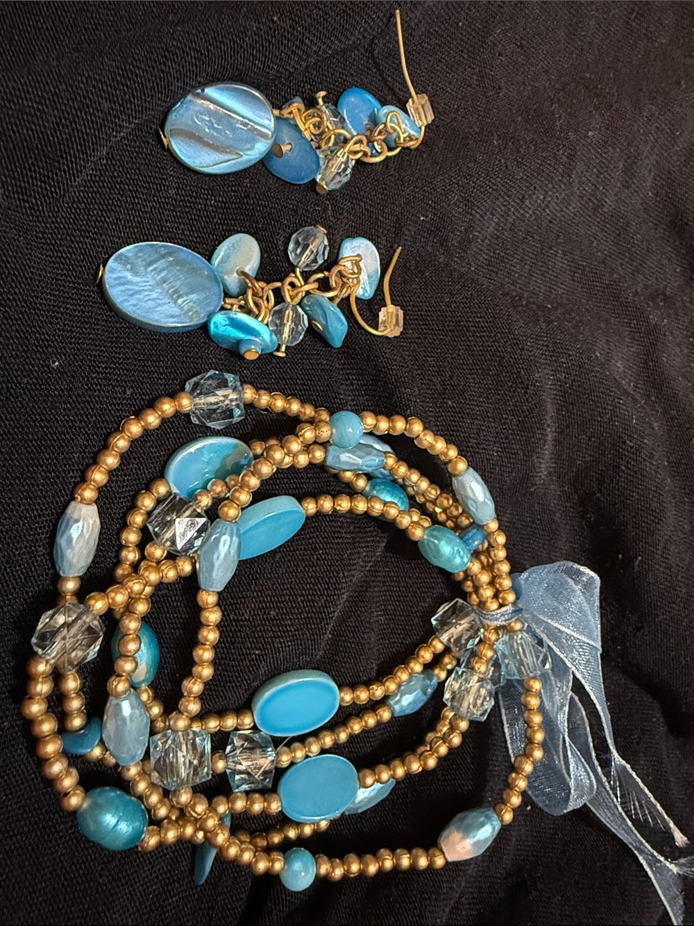Blue Beaded Multi-Strand Bracelet and Earrings Set
